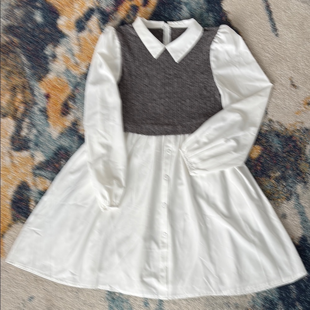 SHEIN White Pleated Dress with Bishop Sleeves and Peter Pan Collar